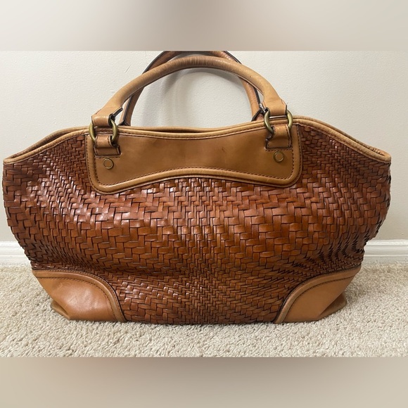 Vintage Cole Haan basket weave Tan Woven Leather Tote boho chic coastal - Picture 3 of 16